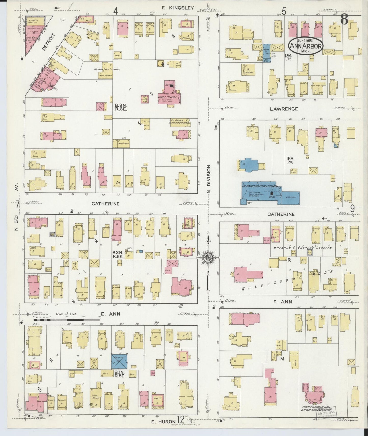 Sanborn Fire Insurance Map from Ann Arbor, Washtenaw County, Michigan (1916), Sheet #0008 - Complete Map Set gallery image, historic Sanborn map, vintage wall art, Michigan Michigan