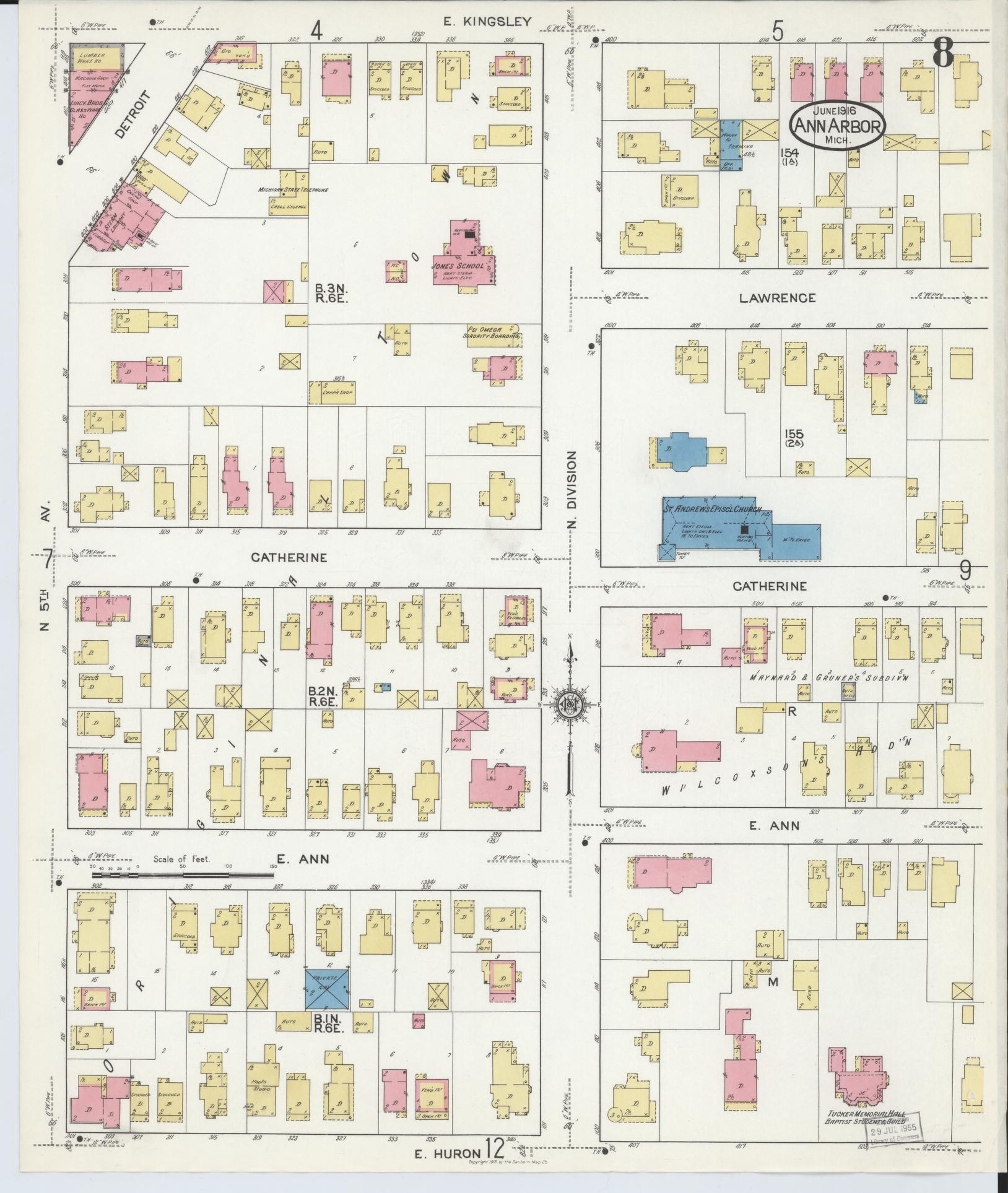 Sanborn Fire Insurance Map from Ann Arbor, Washtenaw County, Michigan (1916), Sheet #0008 - Complete Map Set gallery image, historic Sanborn map, vintage wall art, Michigan Michigan