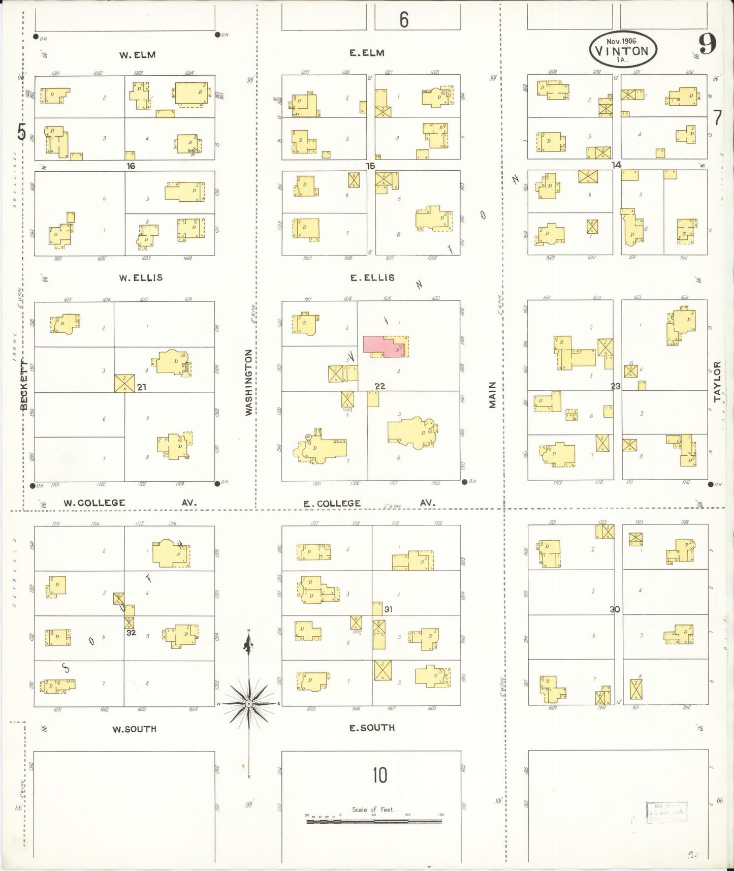 Sanborn Fire Insurance Map from Vinton, Benton County, Iowa (1906), Sheet #0009 - Historic Sanborn Fire Insurance Map Print, vintage old map wall art