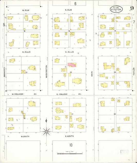 Sanborn Fire Insurance Map from Vinton, Benton County, Iowa (1906), Sheet #0009 - Historic Sanborn Fire Insurance Map Print, vintage old map wall art