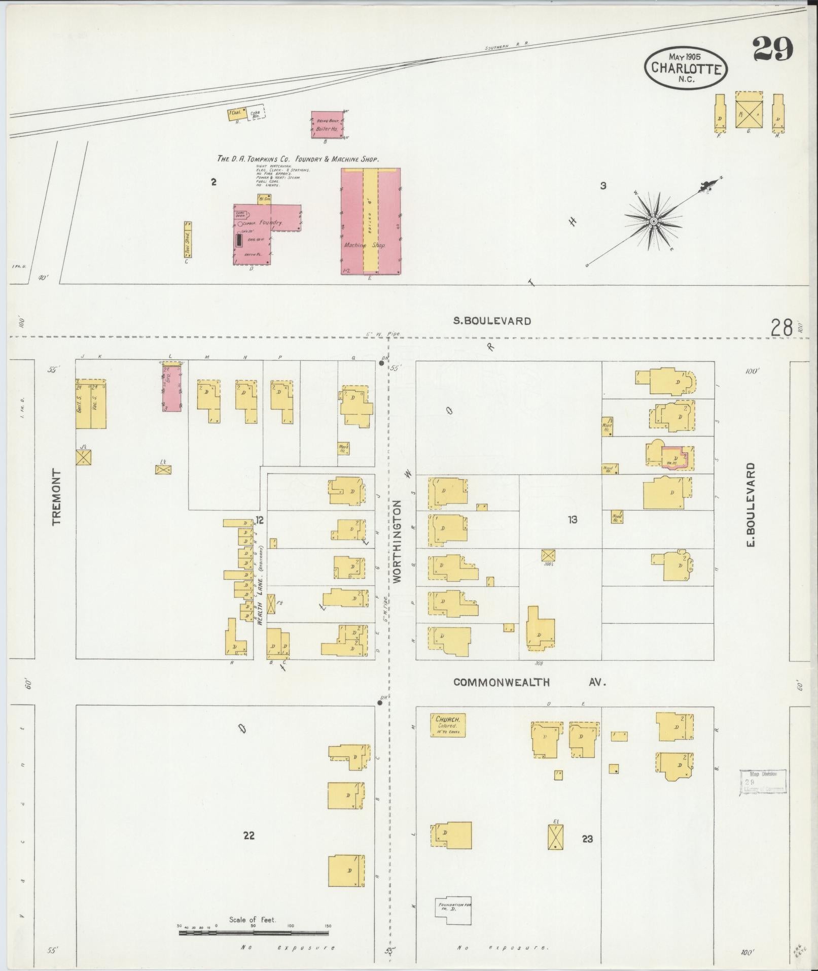 Sanborn Fire Insurance Map from Charlotte, Mecklenburg County, North Carolina (1905), Sheet #0029 - Historic Sanborn Fire Insurance Map Print, vintage old map wall art, antique decor, genealogy gift, North Carolina North Carolina map
