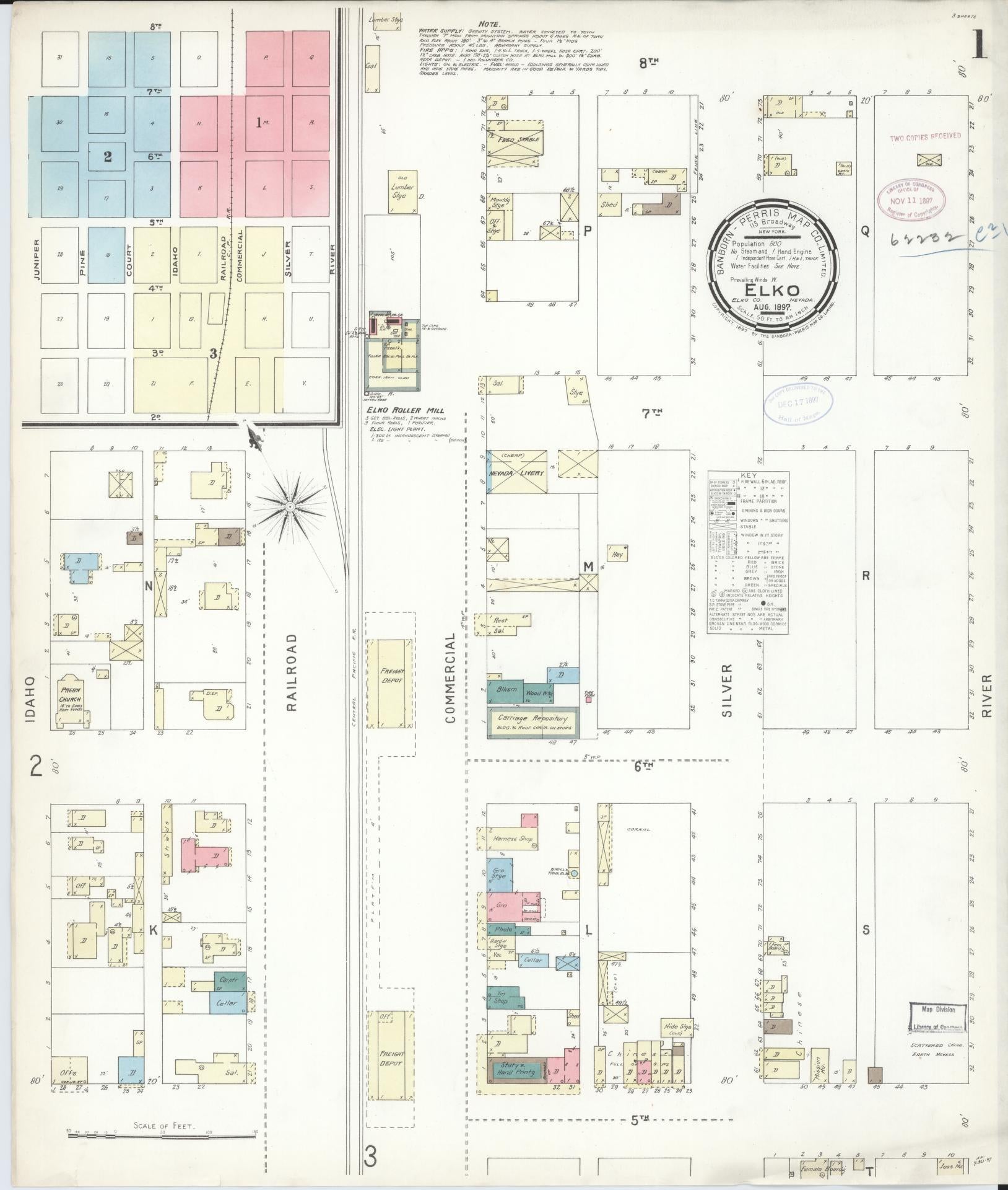 Sanborn Fire Insurance Map from Elko, Elko County, Nevada (1897), Sheet #0001 - Historic Sanborn Fire Insurance Map Print, vintage old map wall art, antique decor, genealogy gift, Nevada Nevada map