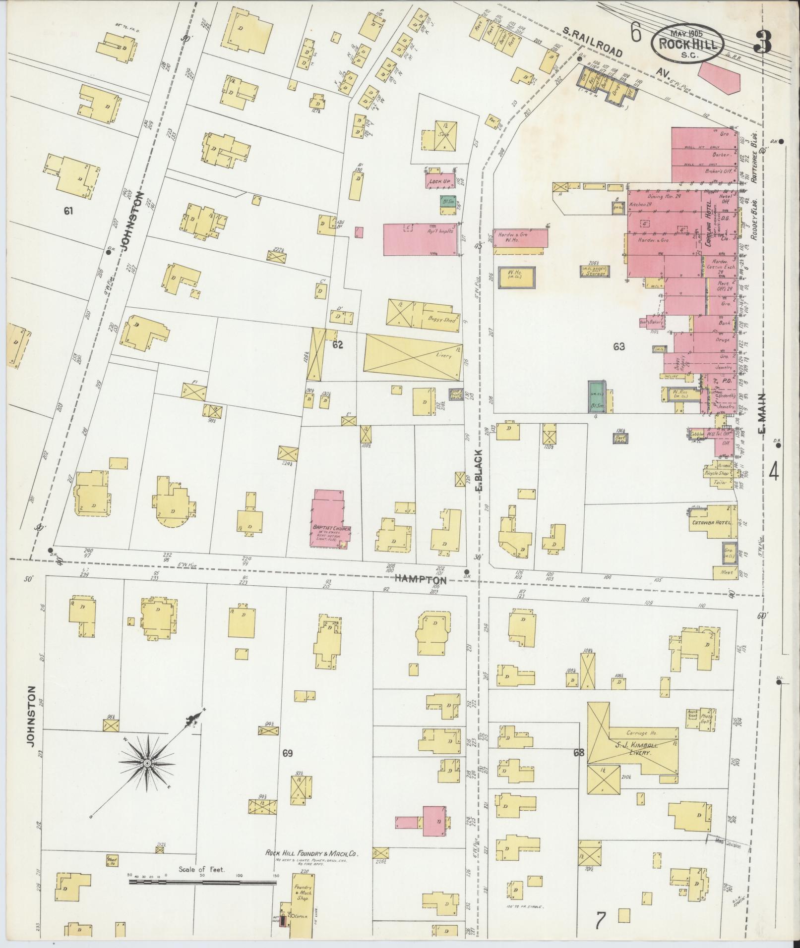 Sanborn Fire Insurance Map from Rock Hill, York County, South Carolina (1905), Sheet #0003 - Complete Map Set gallery image, historic Sanborn map, vintage wall art, South Carolina South Carolina
