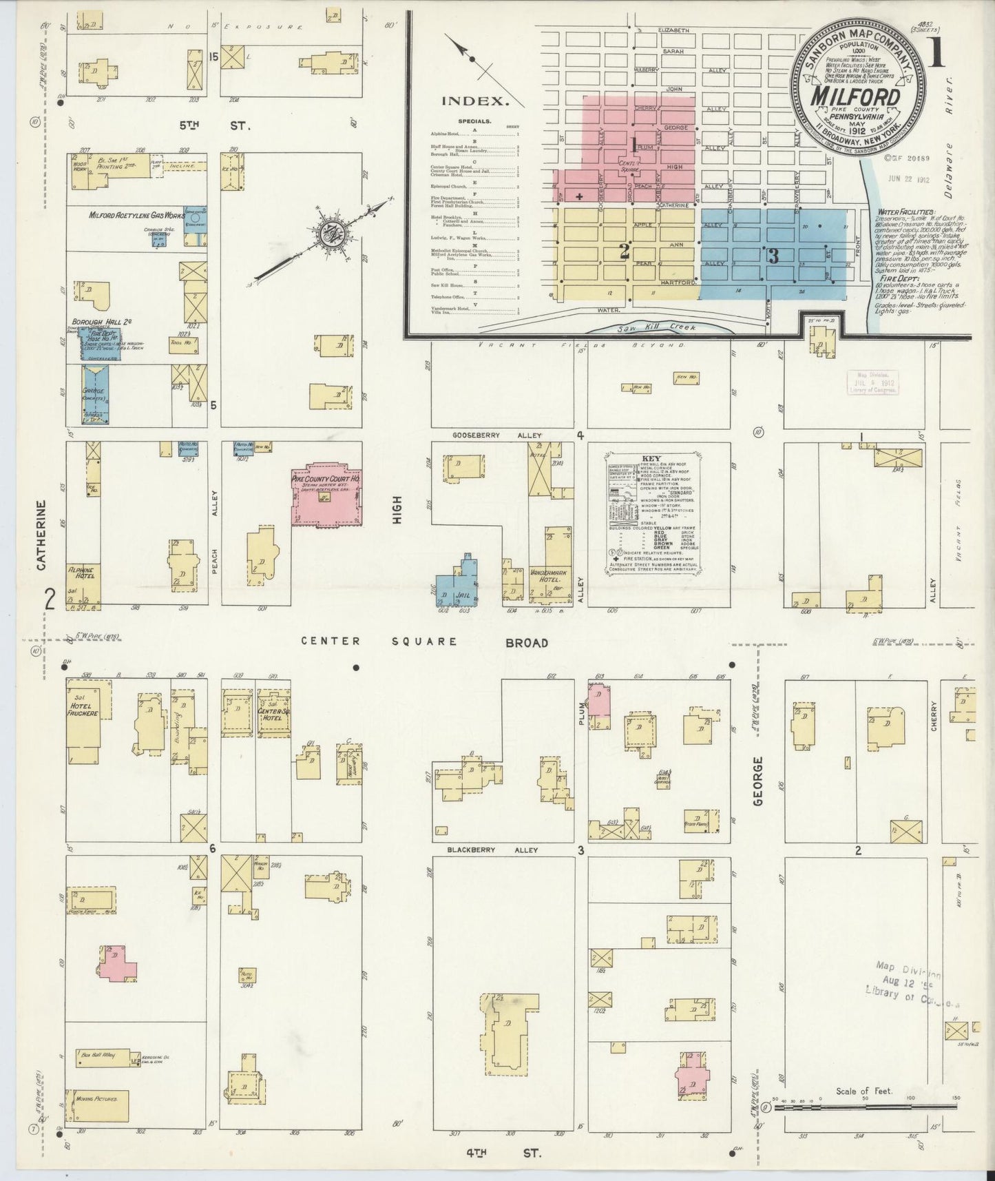 Sanborn Fire Insurance Map from Milford, Pike County, Pennsylvania (1912), Sheet #0001 - Historic Sanborn Fire Insurance Map Print, vintage old map wall art, antique decor, genealogy gift, Pennsylvania Pennsylvania map
