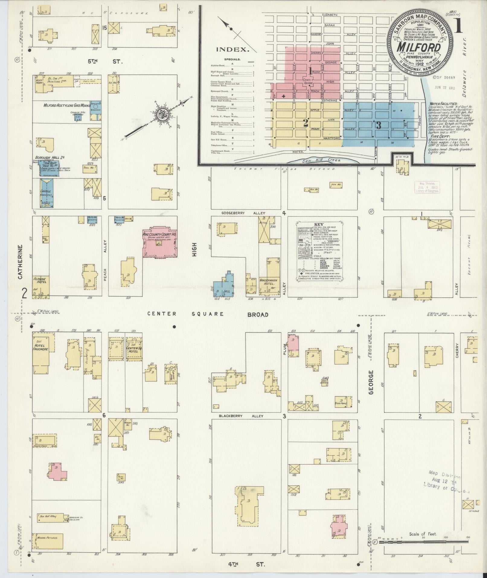 Sanborn Fire Insurance Map from Milford, Pike County, Pennsylvania (1912), Sheet #0001 - Historic Sanborn Fire Insurance Map Print, vintage old map wall art, antique decor, genealogy gift, Pennsylvania Pennsylvania map