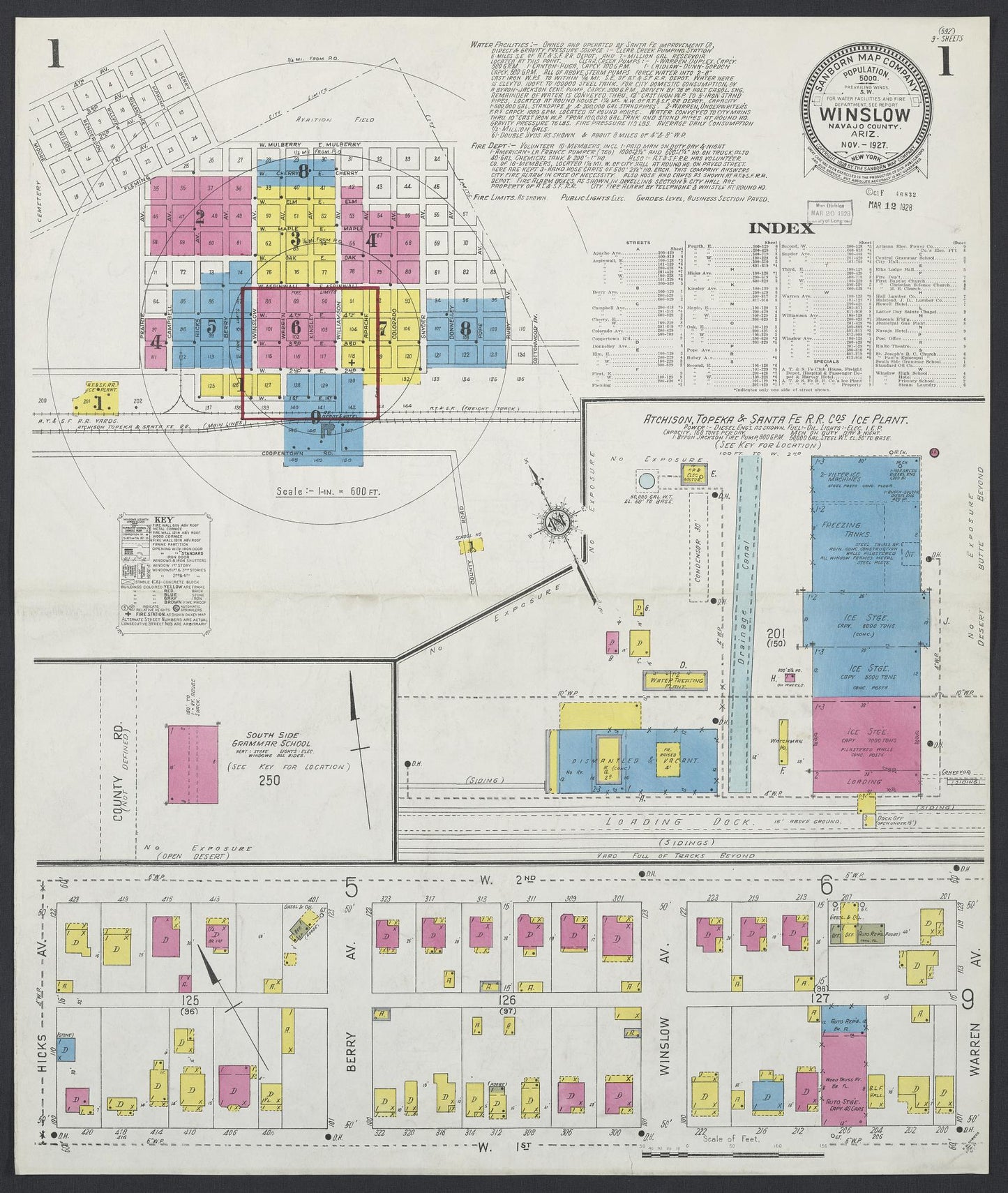 Sanborn Fire Insurance Map from Winslow, Navajo County, Arizona (1927), Sheet #0001 - Complete Map Set gallery image, historic Sanborn map, vintage wall art, Arizona Arizona
