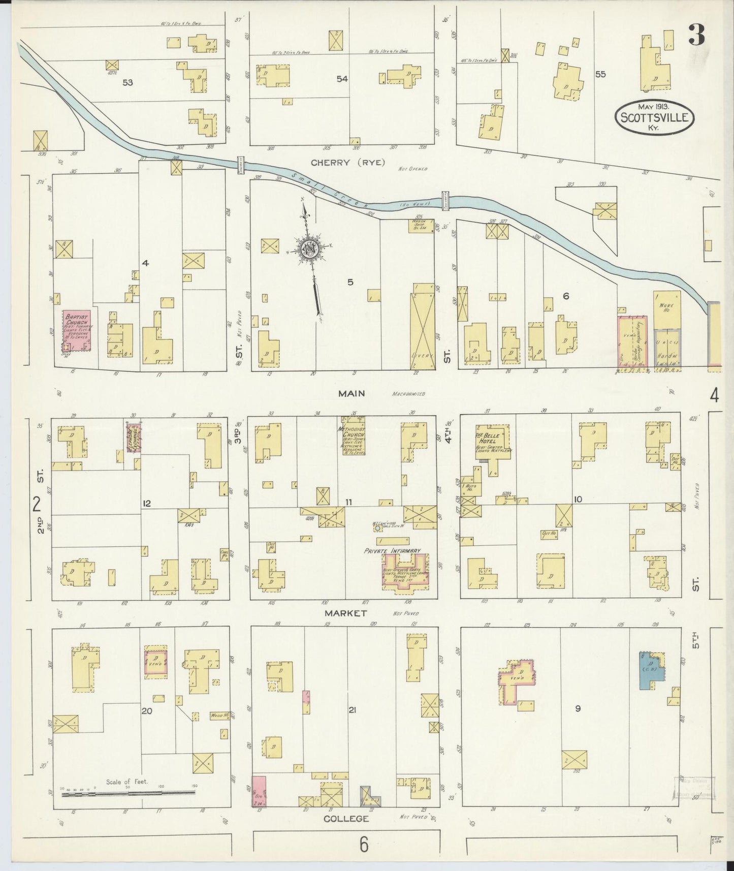 Sanborn Fire Insurance Map from Scottsville, Allen County, Kentucky (1913), Sheet #0003 - Historic Sanborn Fire Insurance Map Print, vintage old map wall art, antique decor, genealogy gift, Kentucky Kentucky map