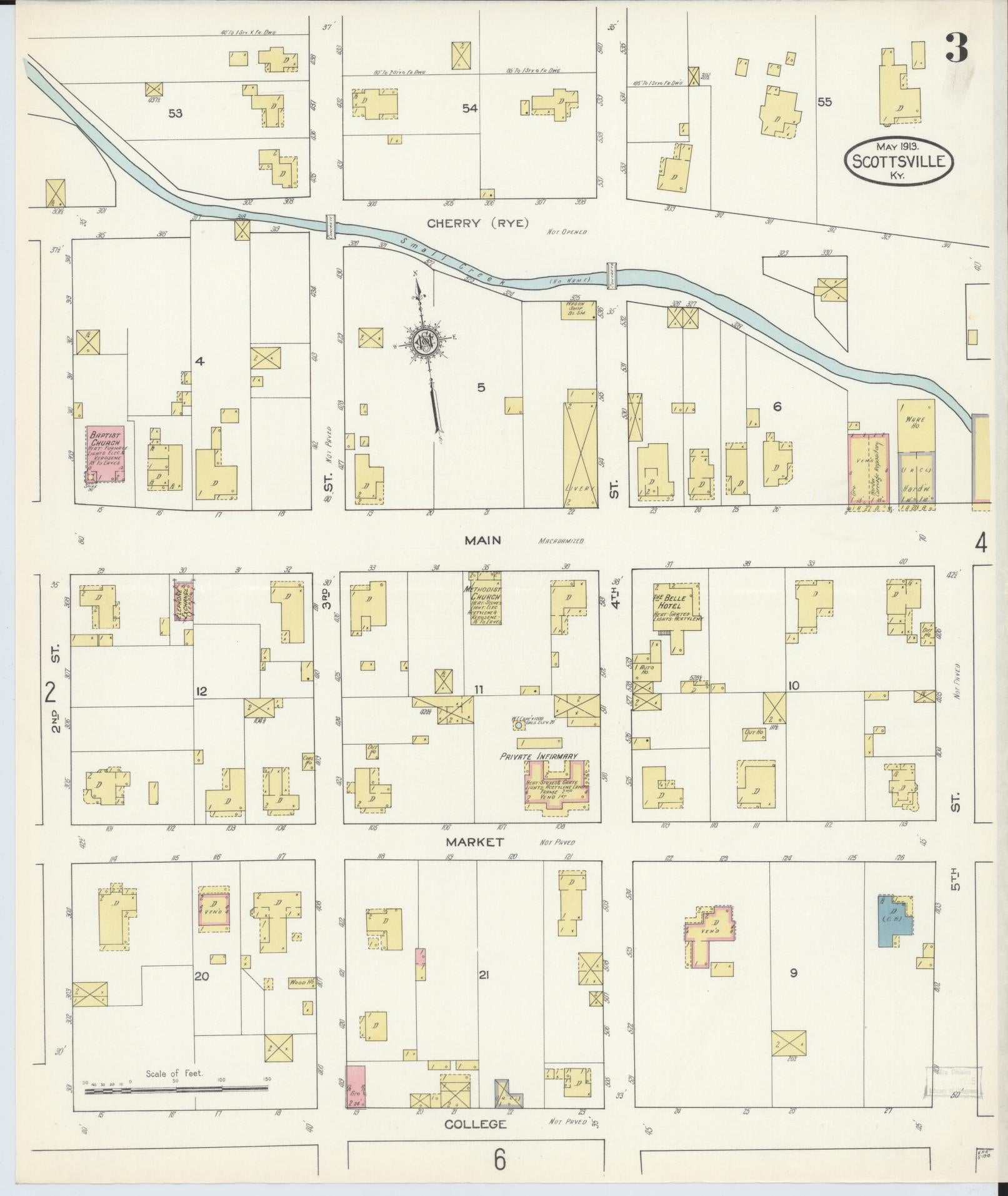 Sanborn Fire Insurance Map from Scottsville, Allen County, Kentucky (1913), Sheet #0003 - Historic Sanborn Fire Insurance Map Print, vintage old map wall art, antique decor, genealogy gift, Kentucky Kentucky map