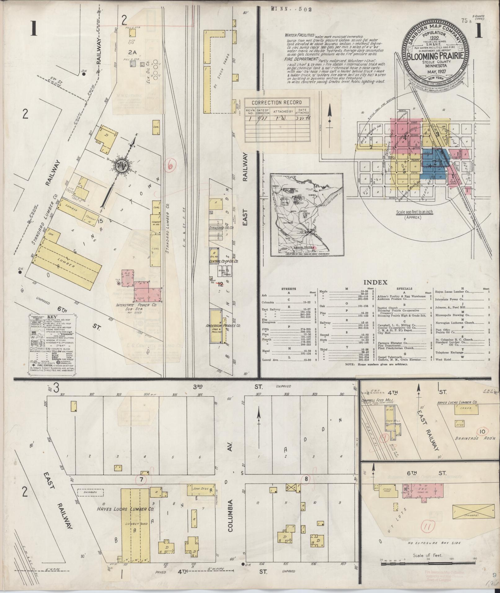 Sanborn Fire Insurance Map from Blooming Prairie, Steele County, Minnesota (1937), Sheet #0001 - Historic Sanborn Fire Insurance Map Print, vintage old map wall art, antique decor, genealogy gift, Minnesota Minnesota map