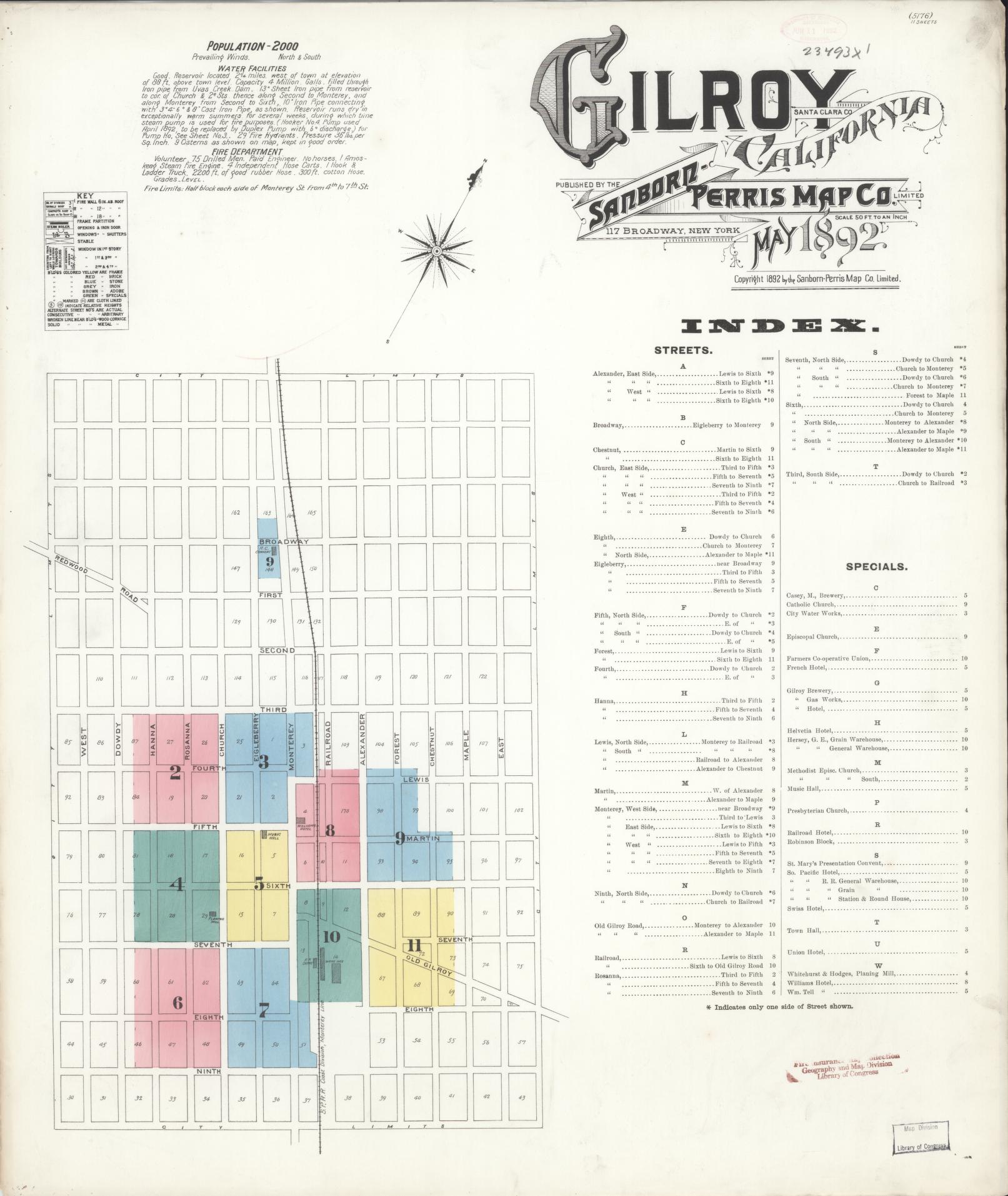 Sanborn Fire Insurance Map from Gilroy, Santa Clara County, California (1892), Sheet #0001 - Historic Sanborn Fire Insurance Map Print, vintage old map wall art, antique decor, genealogy gift, California California map
