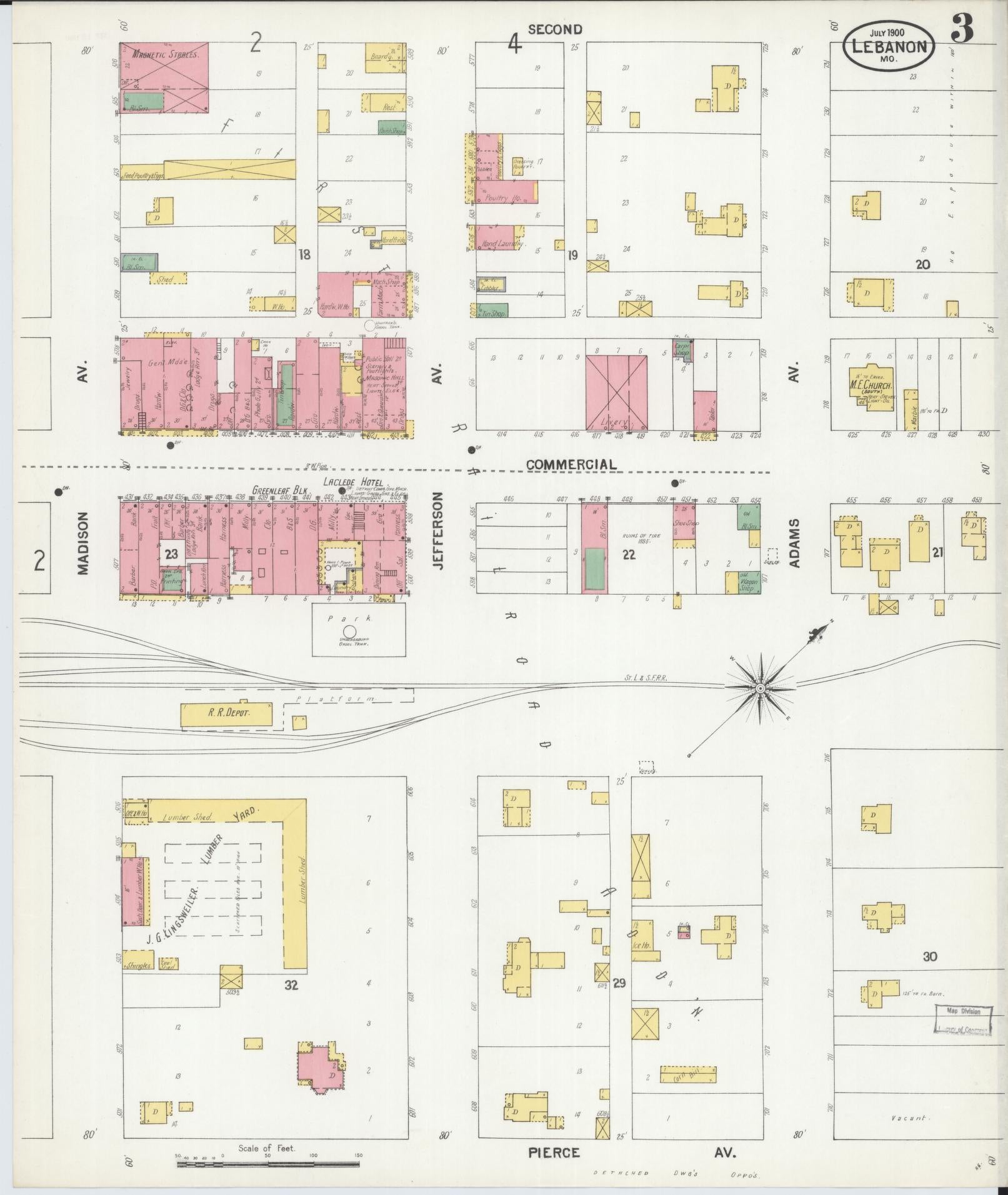Sanborn Fire Insurance Map from Lebanon, Laclede County, Missouri (1900), Sheet #0003 - Historic Sanborn Fire Insurance Map Print, vintage old map wall art, antique decor, genealogy gift, Missouri Missouri map