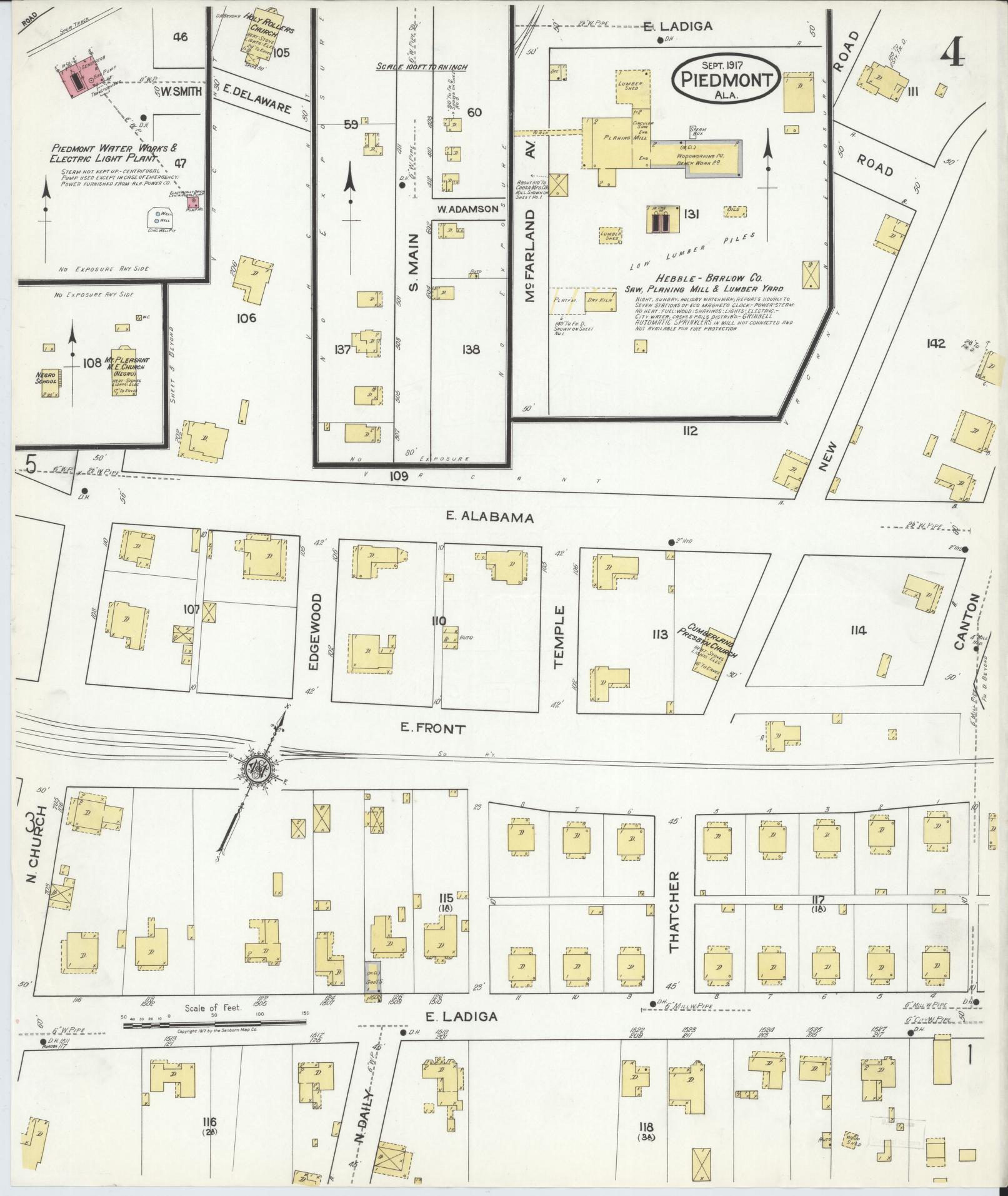 Sanborn Fire Insurance Map from Piedmont, Calhoun County, Alabama (1917), Sheet #0004 - Complete Map Set gallery image, historic Sanborn map, vintage wall art, Alabama Alabama