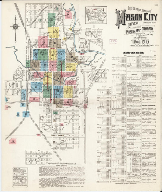Sanborn Fire Insurance Map from Mason City, Cerro Gordo County, Iowa (1915), Sheet #0001 - Historic Sanborn Fire Insurance Map Print, vintage old map wall art
