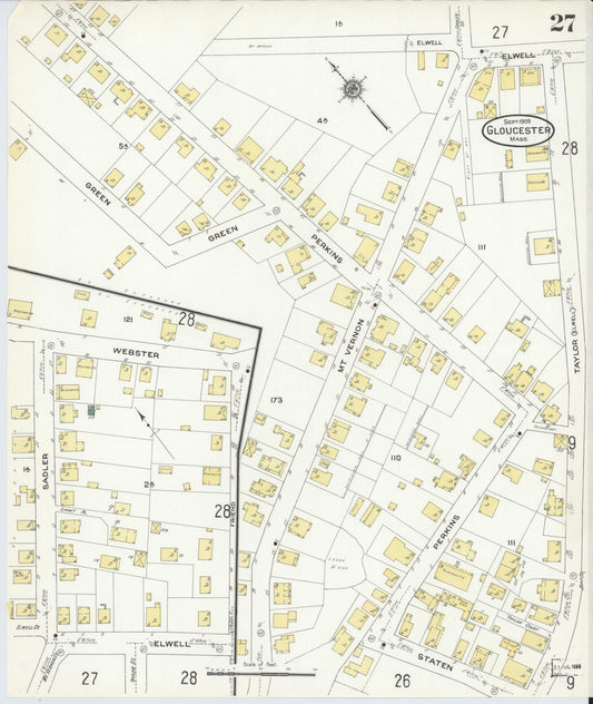 Sanborn Fire Insurance Map from Gloucester, Essex County, Massachusetts (1909), Sheet #0027 - Historic Sanborn Fire Insurance Map Print, vintage old map wall art, antique decor, genealogy gift, Massachusetts Massachusetts map