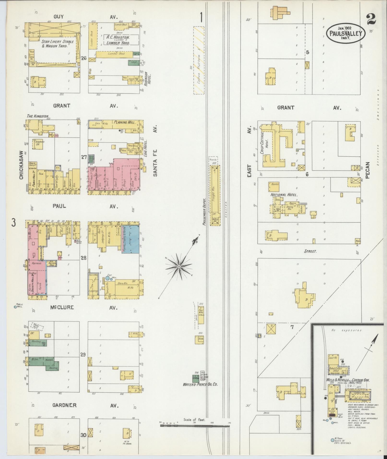 Sanborn Fire Insurance Map from Pauls Valley, Garvin County, Oklahoma (1902), Sheet #0002 - Complete Map Set gallery image, historic Sanborn map, vintage wall art, Oklahoma Oklahoma