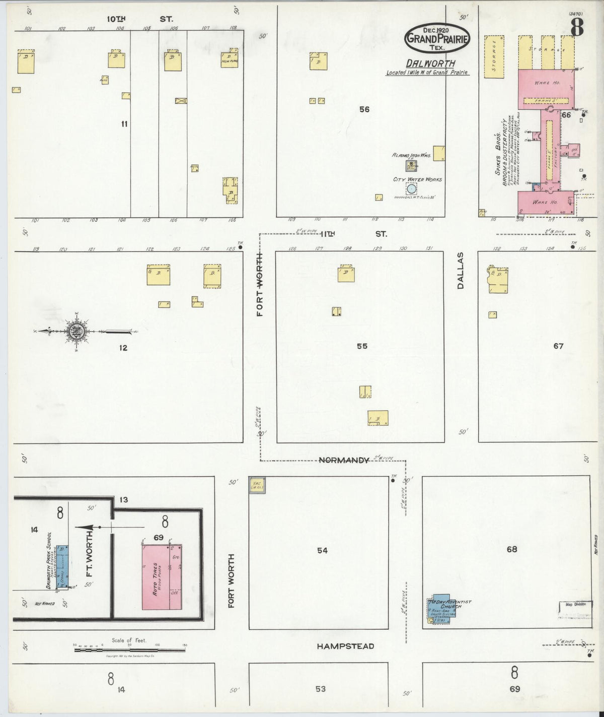 Sanborn Fire Insurance Map from Grand Prairie, Dallas County, Texas (1920), Sheet #0008 - Historic Sanborn Fire Insurance Map Print, vintage old map wall art, antique decor, genealogy gift, Texas Texas map
