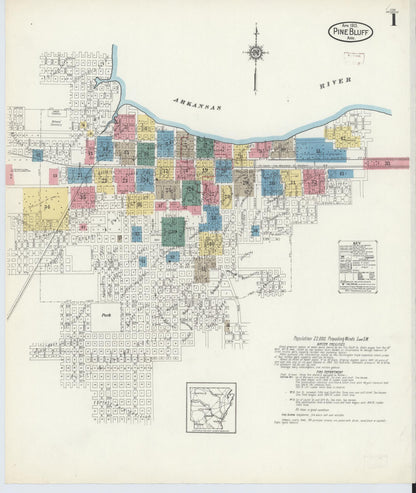 Sanborn Fire Insurance Map from Pine Bluff, Jefferson County, Arkansas (1913), Sheet #0001 - Complete Map Set gallery image, historic Sanborn map, vintage wall art, Arkansas Arkansas