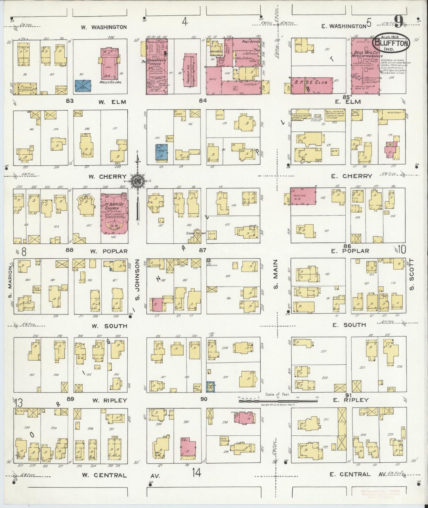 Sanborn Fire Insurance Map from Bluffton, Wells County, Indiana (1919), Sheet #0009 - Complete Map Set gallery image, historic Sanborn map, vintage wall art, Indiana Indiana