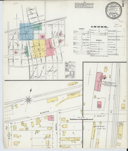 Sanborn Fire Insurance Map from Sturgis, Saint Joseph County, Michigan (1895), Sheet #0001 - Historic Sanborn Fire Insurance Map Print, vintage old map wall art, antique decor, genealogy gift, Michigan Michigan map