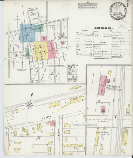 Sanborn Fire Insurance Map from Sturgis, Saint Joseph County, Michigan (1895), Sheet #0001 - Historic Sanborn Fire Insurance Map Print, vintage old map wall art, antique decor, genealogy gift, Michigan Michigan map