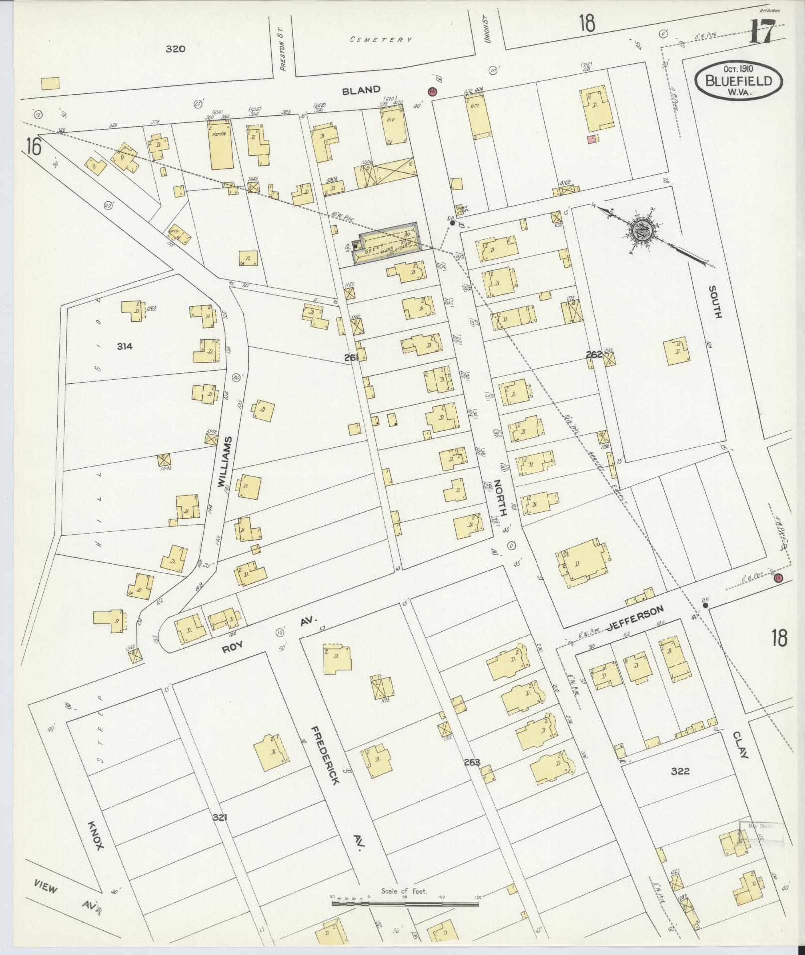 Sanborn Fire Insurance Map from Bluefield, Mercer County, West Virginia (1910), Sheet #0017 - Complete Map Set gallery image, historic Sanborn map, vintage wall art, West Virginia West Virginia