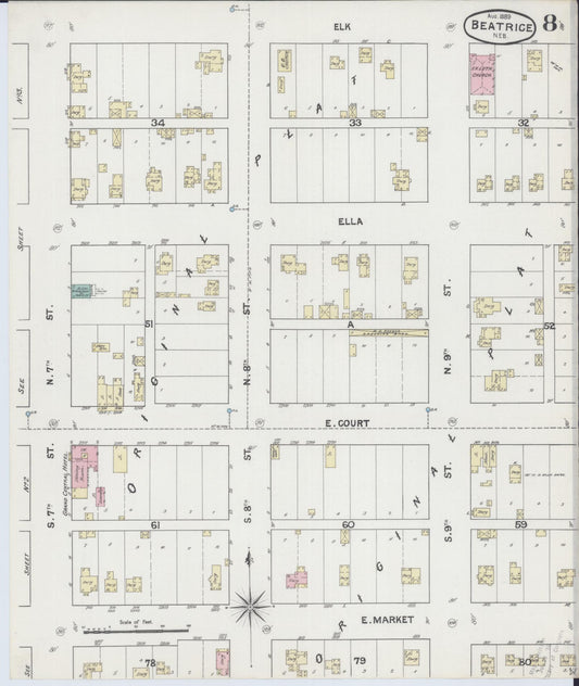Sanborn Fire Insurance Map from Beatrice, Gage County, Nebraska (1889), Sheet #0008 - Historic Sanborn Fire Insurance Map Print, vintage old map wall art, antique decor, genealogy gift, Nebraska Nebraska map