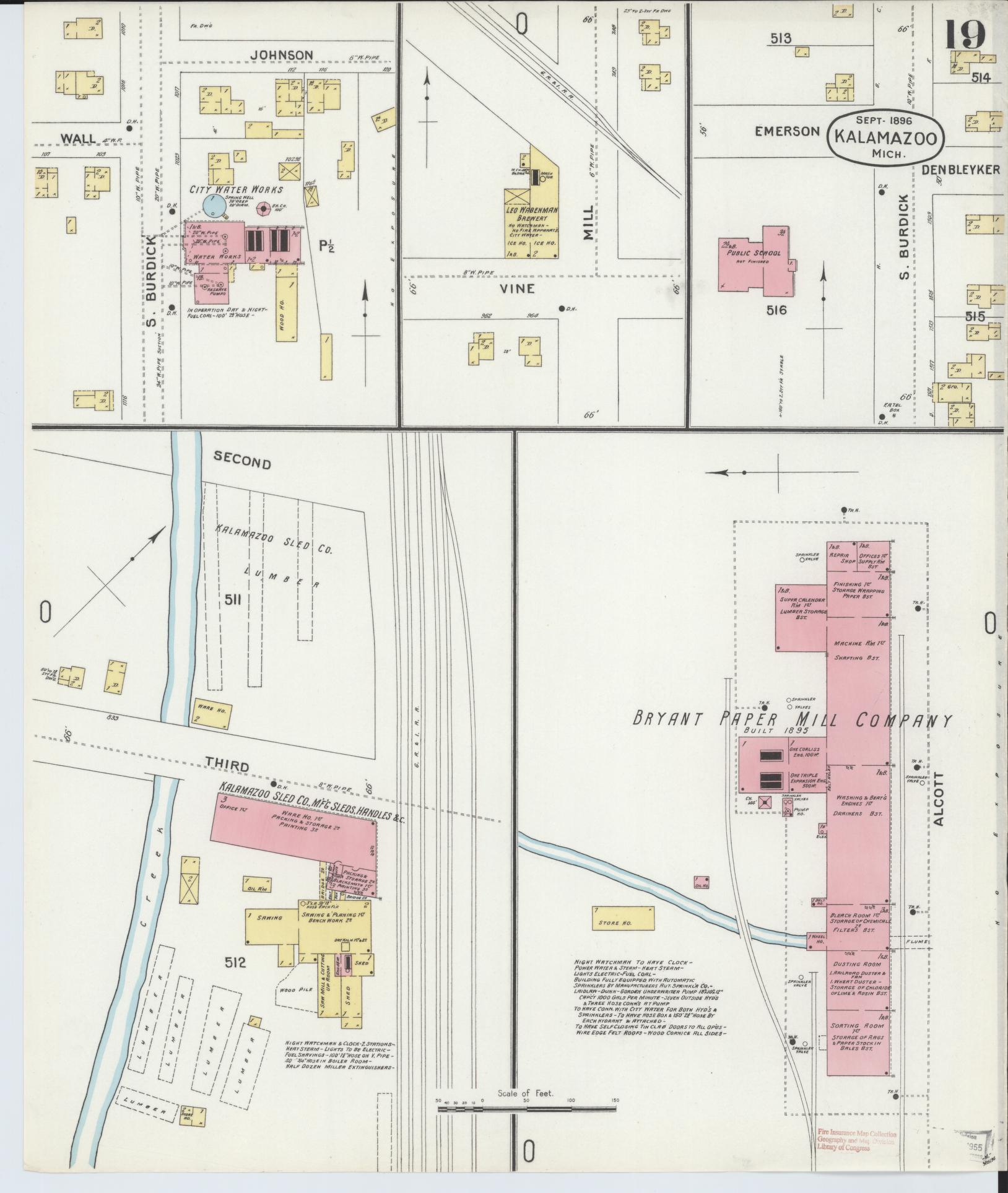 Sanborn Fire Insurance Map from Kalamazoo, Kalamazoo County, Michigan (1896), Sheet #0019 - Historic Sanborn Fire Insurance Map Print, vintage old map wall art, antique decor, genealogy gift, Michigan Michigan map