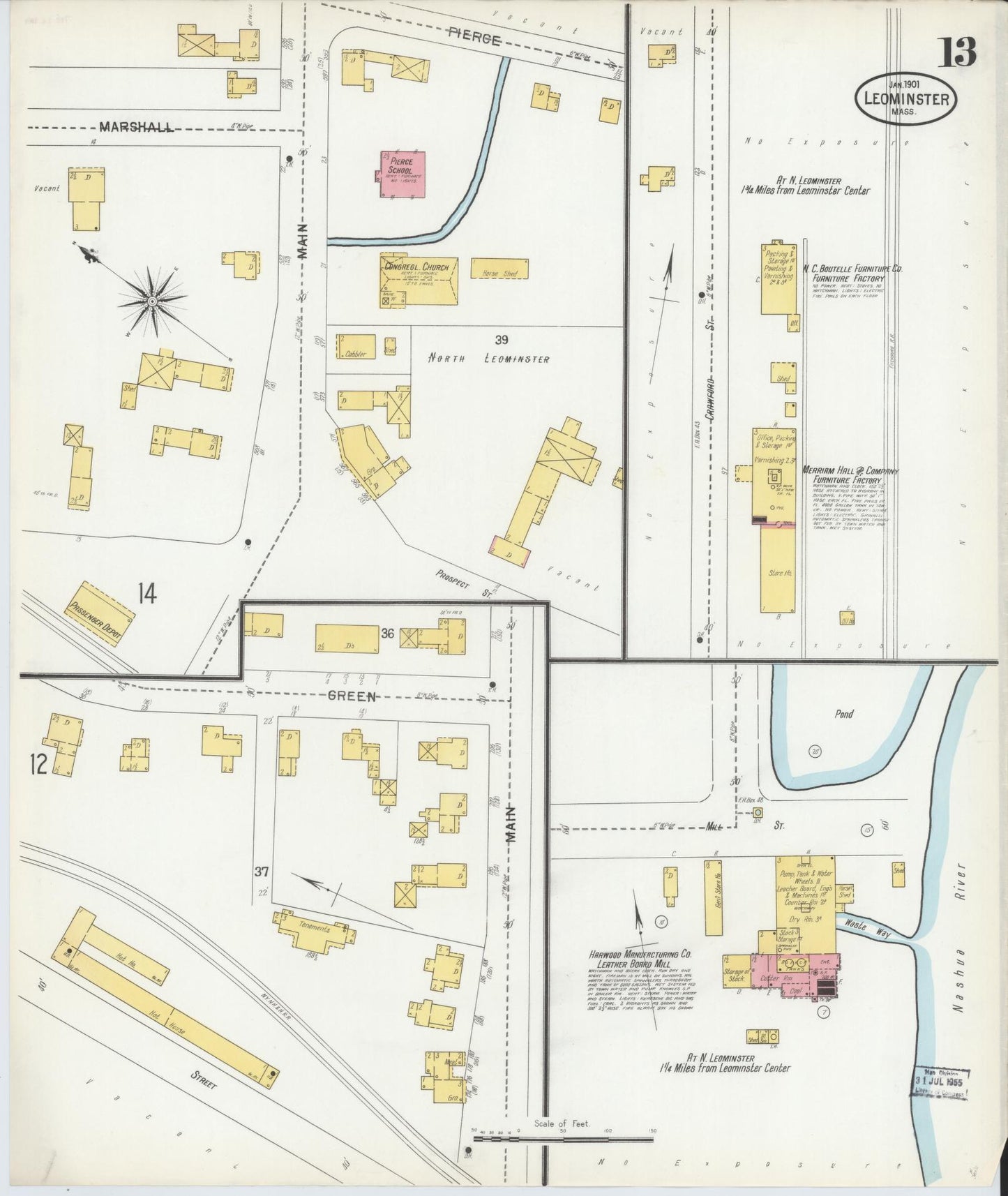 Sanborn Fire Insurance Map from Leominster, Worcester County, Massachusetts (1901), Sheet #0013 - Complete Map Set gallery image, historic Sanborn map, vintage wall art, Massachusetts Massachusetts
