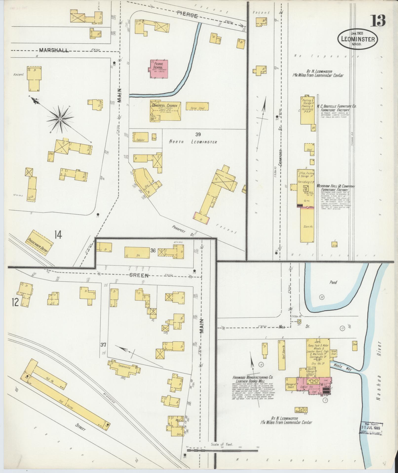 Sanborn Fire Insurance Map from Leominster, Worcester County, Massachusetts (1901), Sheet #0013 - Complete Map Set gallery image, historic Sanborn map, vintage wall art, Massachusetts Massachusetts