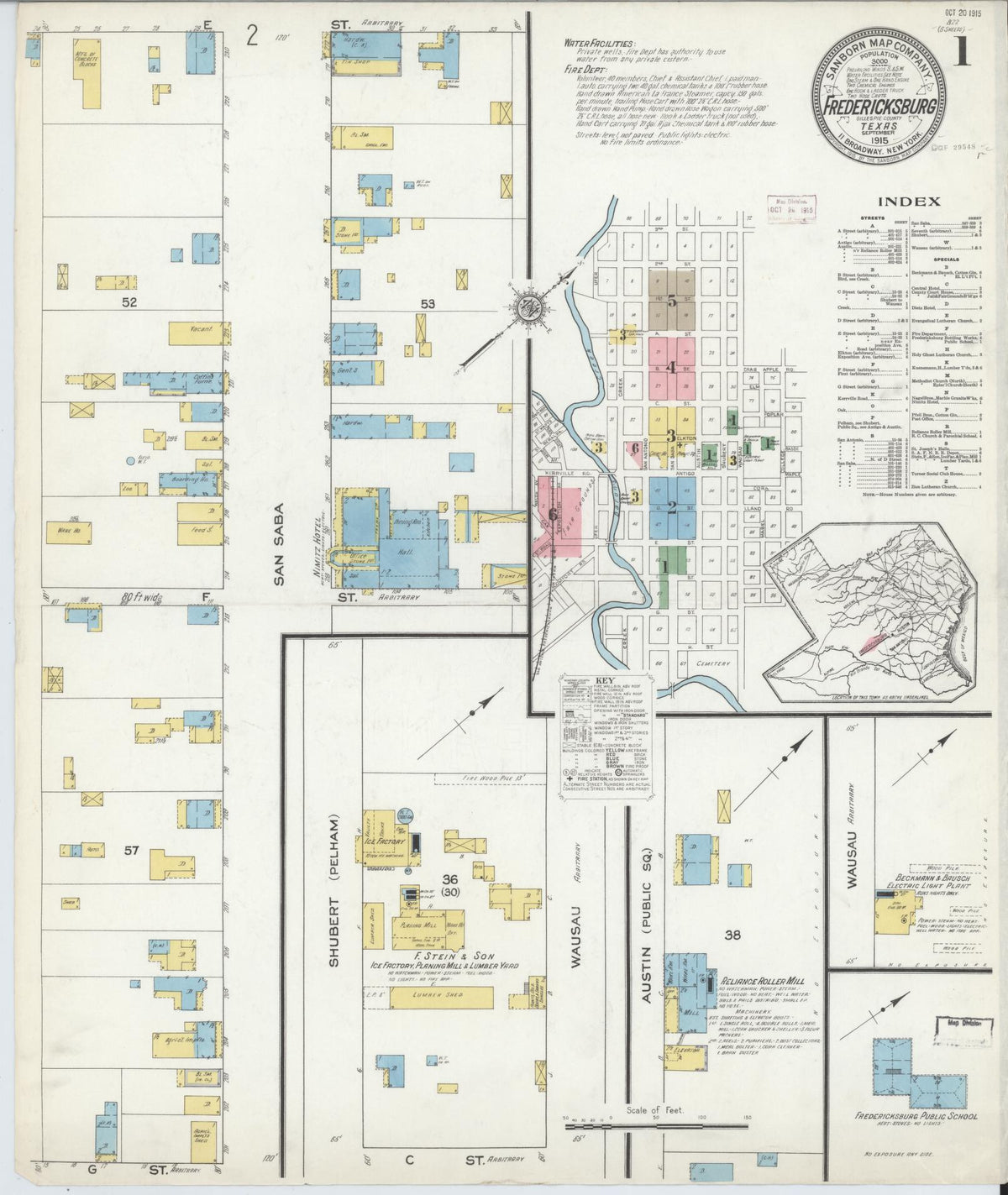Sanborn Fire Insurance Map from Fredericksburg, Gillespie County, Texas (1915), Sheet #0001 - Complete Map Set gallery image, historic Sanborn map, vintage wall art, Texas Texas