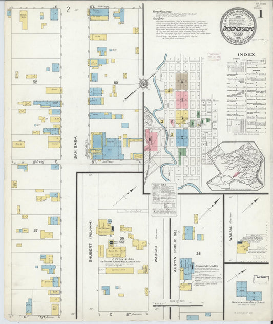 Sanborn Fire Insurance Map from Fredericksburg, Gillespie County, Texas (1915), Sheet #0001 - Complete Map Set gallery image, historic Sanborn map, vintage wall art, Texas Texas