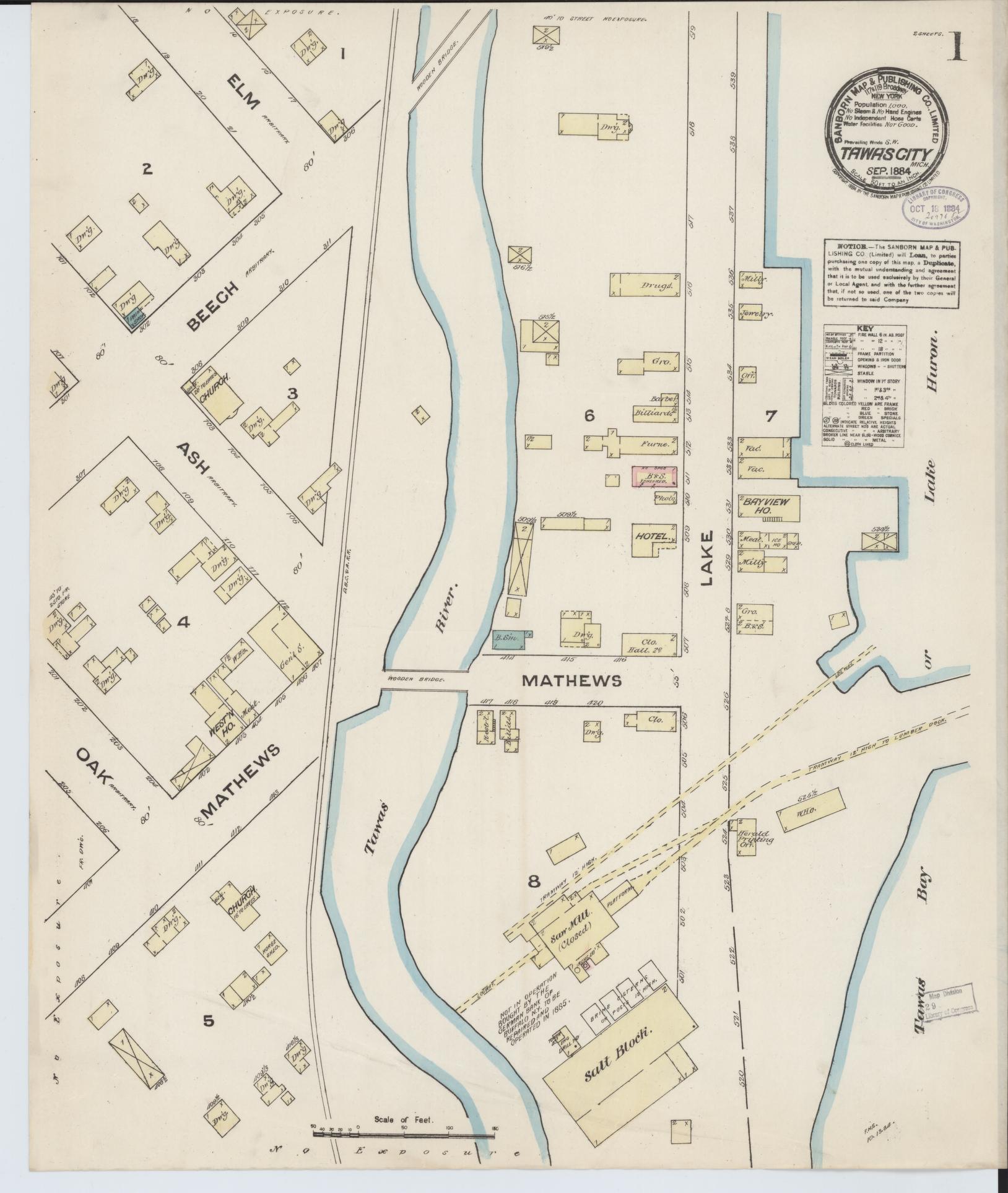 Sanborn Fire Insurance Map from Tawas City, Iosco County, Michigan (1884), Sheet #0001 - Historic Sanborn Fire Insurance Map Print, vintage old map wall art, antique decor, genealogy gift, Michigan Michigan map