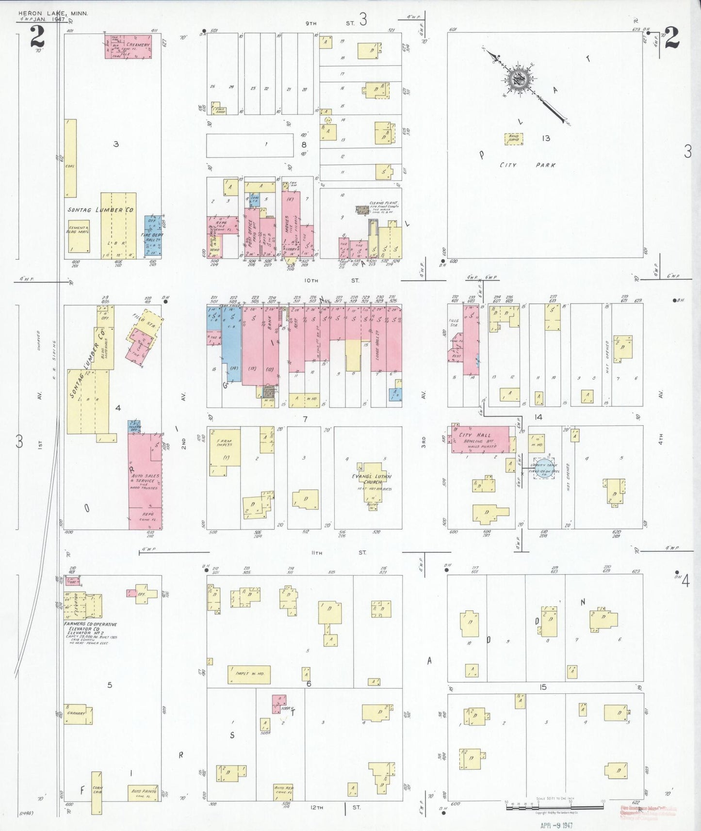 Sanborn Fire Insurance Map from Heron Lake, Jackson County, Minnesota (1947), Sheet #0002 - Historic Sanborn Fire Insurance Map Print, vintage old map wall art, antique decor, genealogy gift, Minnesota Minnesota map
