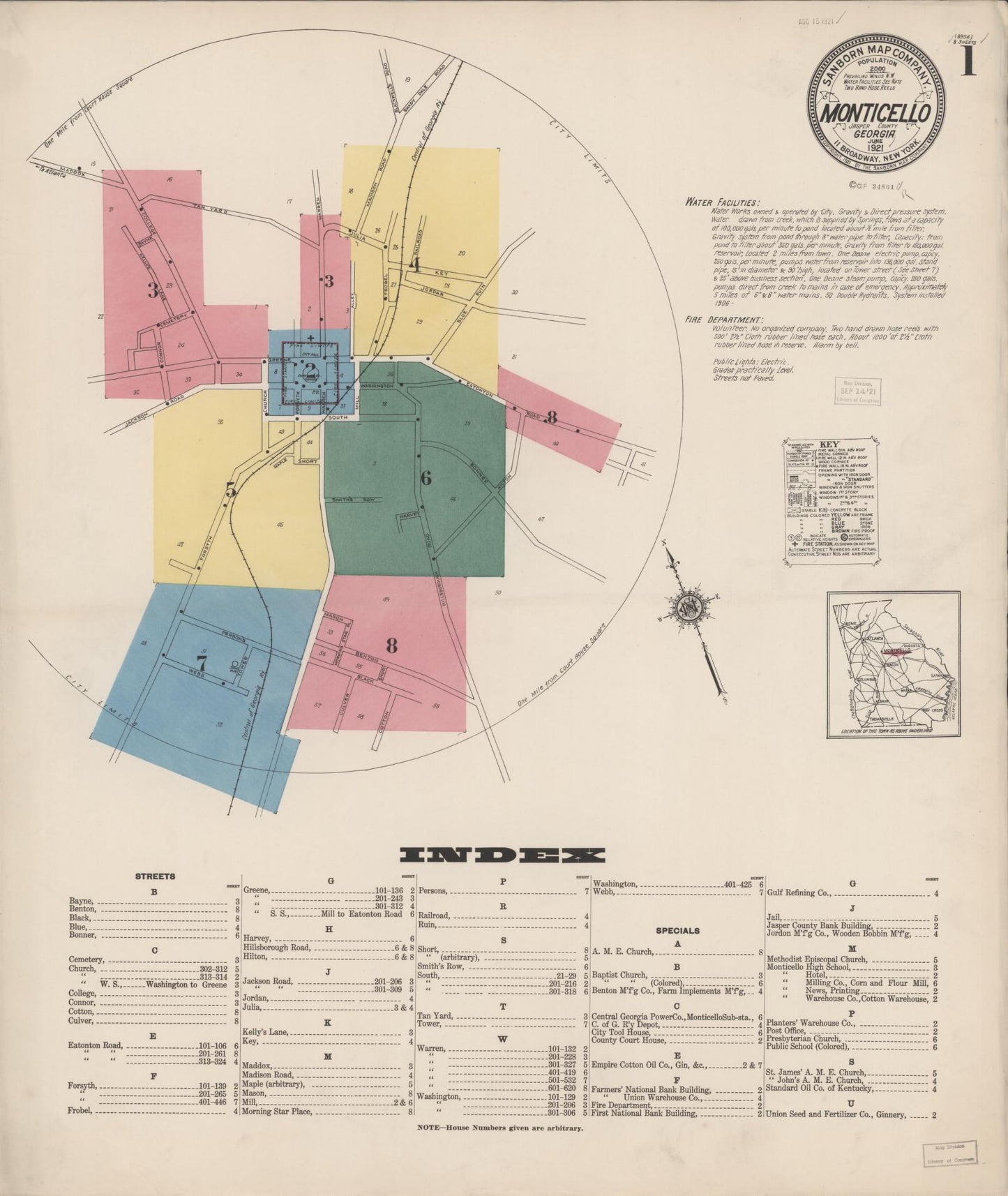 Sanborn Fire Insurance Map from Monticello, Jasper County, Georgia (1921), Sheet #0001 - Complete Map Set gallery image, historic Sanborn map, vintage wall art, Georgia Georgia