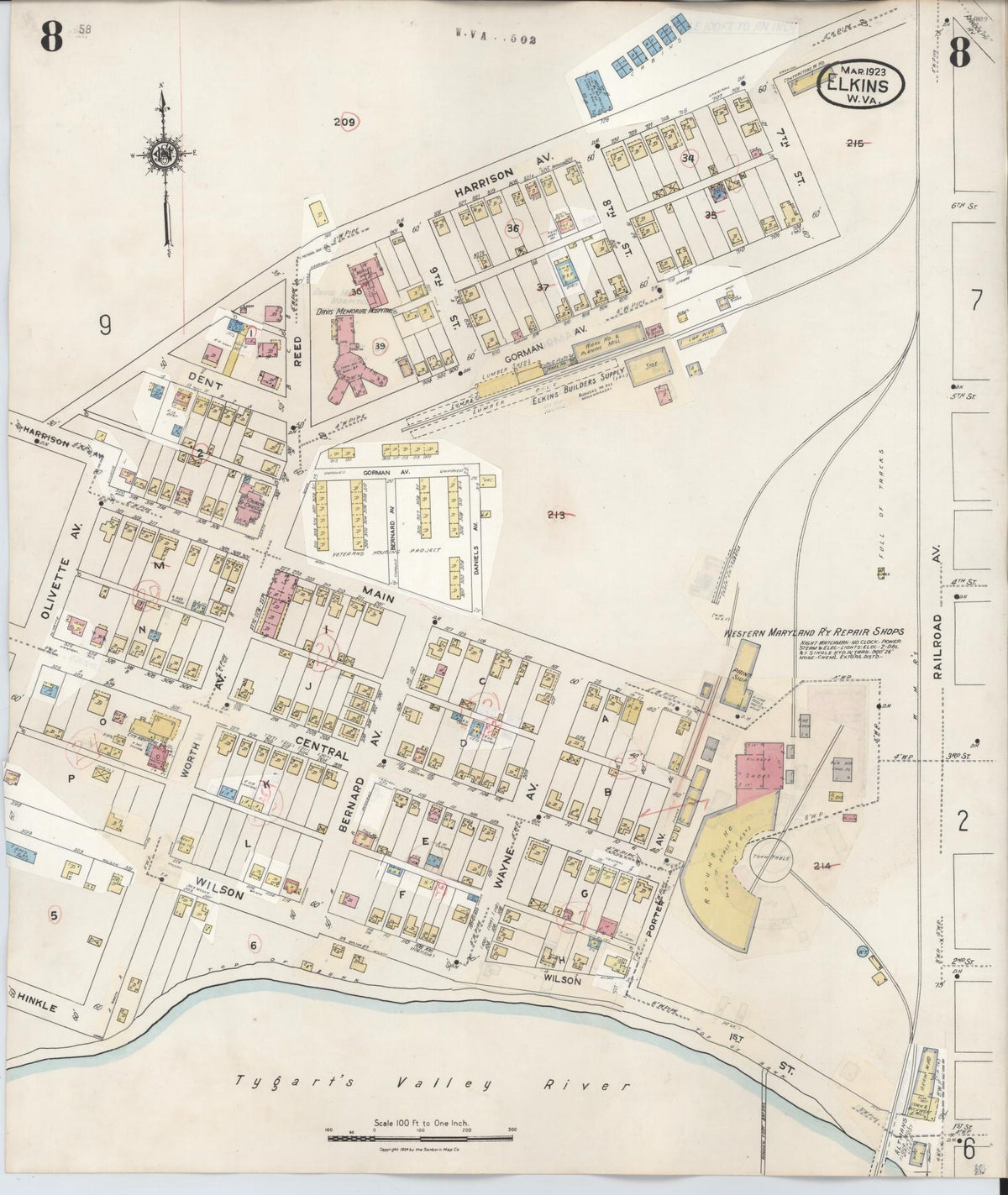 Sanborn Fire Insurance Map from Elkins, Randolph County, West Virginia (1950), Sheet #0008 - Complete Map Set gallery image, historic Sanborn map, vintage wall art, West Virginia West Virginia