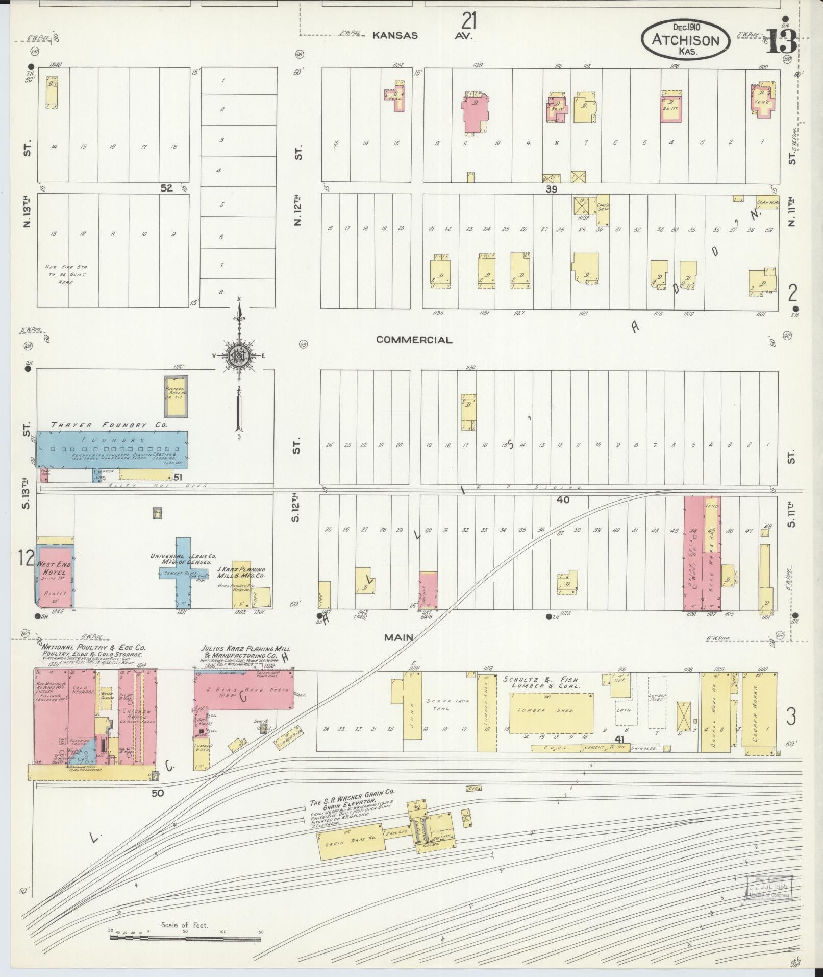 Sanborn Fire Insurance Map from Atchison, Atchison County, Kansas (1910), Sheet #0013 - Historic Sanborn Fire Insurance Map Print, vintage old map wall art, antique decor, genealogy gift, Kansas Kansas map