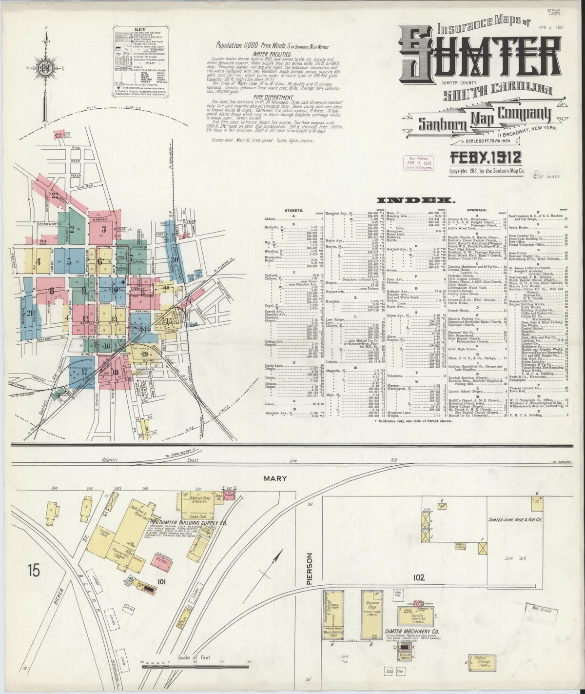 Sanborn Fire Insurance Map from Sumter, Sumter County, South Carolina (1912), Sheet #0001 - Complete Map Set gallery image, historic Sanborn map, vintage wall art, South Carolina South Carolina