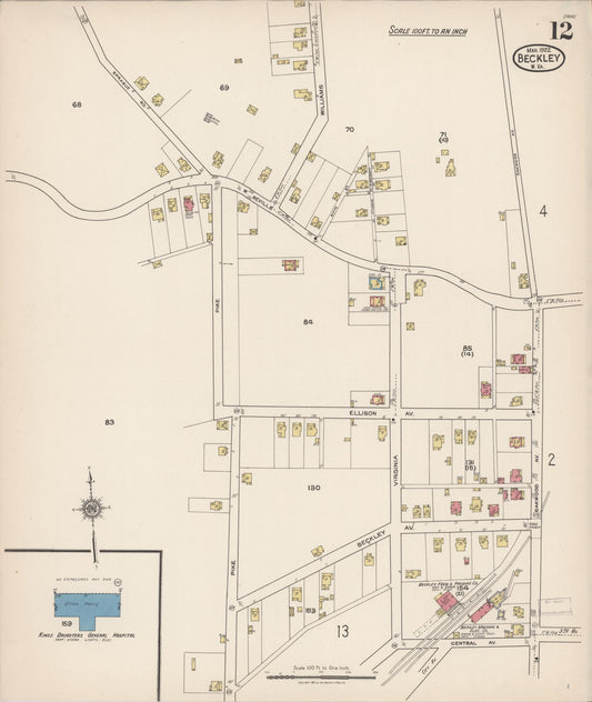 Sanborn Fire Insurance Map from Beckley, Raleigh County, West Virginia (1922), Sheet #0012 - Historic Sanborn Fire Insurance Map Print, vintage old map wall art, antique decor, genealogy gift, West Virginia West Virginia map