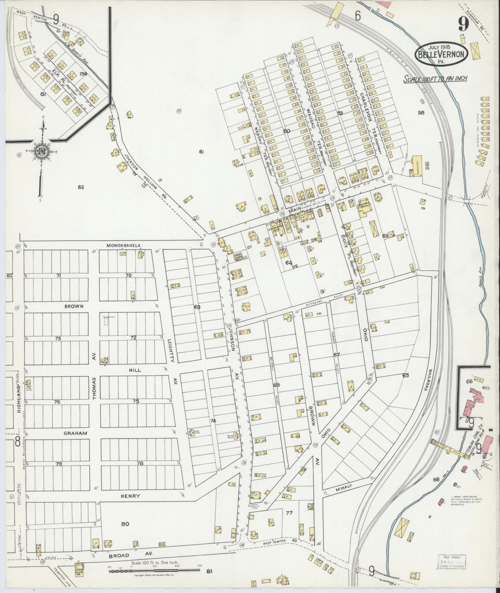 Sanborn Fire Insurance Map from Belle Vernon, Fayette County, Pennsylvania (1918), Sheet #0009 - Historic Sanborn Fire Insurance Map Print, vintage old map wall art, antique decor, genealogy gift, Pennsylvania Pennsylvania map