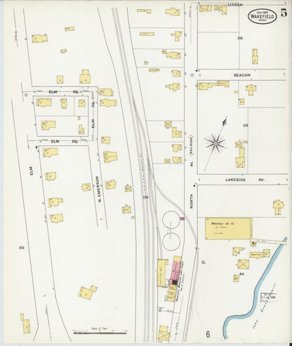 Sanborn Fire Insurance Map from Wakefield, Middlesex County, Massachusetts (1909), Sheet #0005 - Historic Sanborn Fire Insurance Map Print, vintage old map wall art, antique decor, genealogy gift, Massachusetts Massachusetts map