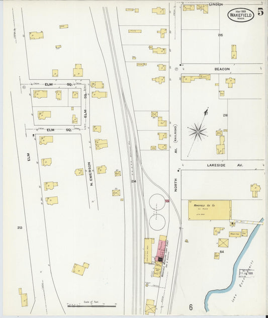 Sanborn Fire Insurance Map from Wakefield, Middlesex County, Massachusetts (1909), Sheet #0005 - Historic Sanborn Fire Insurance Map Print, vintage old map wall art, antique decor, genealogy gift, Massachusetts Massachusetts map