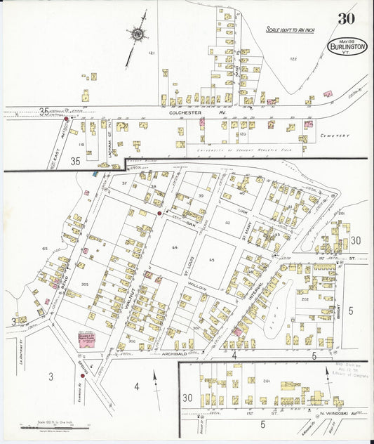 Sanborn Fire Insurance Map from Burlington, Chittenden County, Vermont (1919), Sheet #0030 - Historic Sanborn Fire Insurance Map Print, vintage old map wall art, antique decor, genealogy gift, Vermont Vermont map