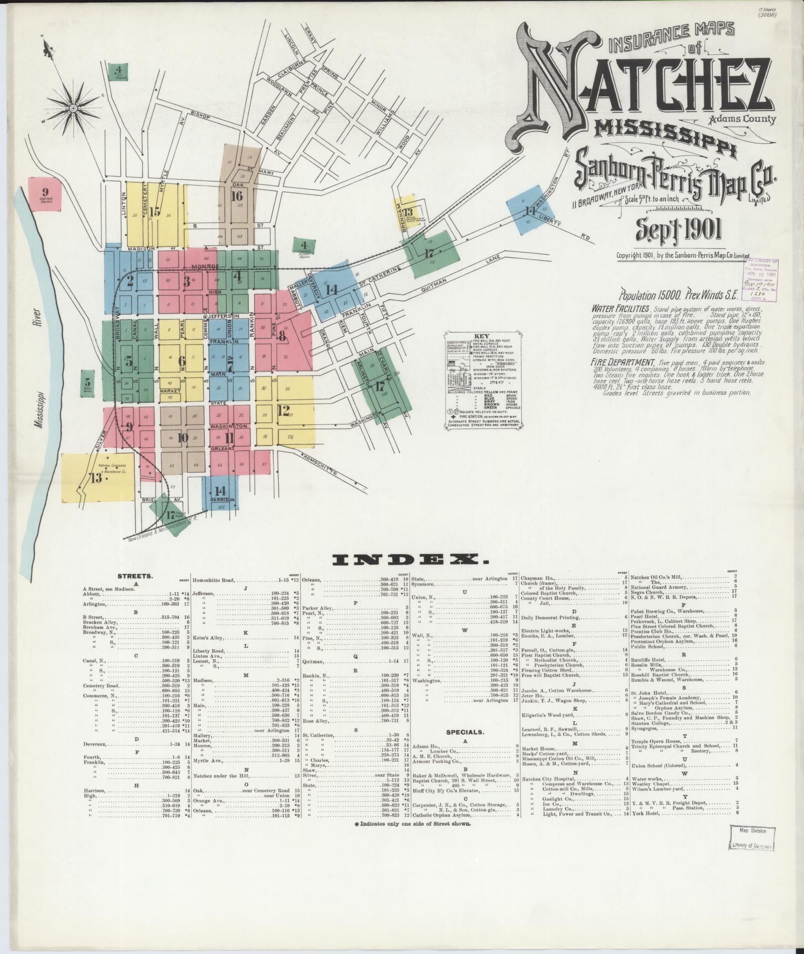 Sanborn Fire Insurance Map from Natchez, Adams County, Mississippi (1901), Sheet #0001 - Complete Map Set gallery image, historic Sanborn map, vintage wall art, Mississippi Mississippi