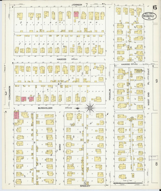 Sanborn Fire Insurance Map from Moberly, Randolph County, Missouri (1909), Sheet #0006 - Historic Sanborn Fire Insurance Map Print, vintage old map wall art, antique decor, genealogy gift, Missouri Missouri map