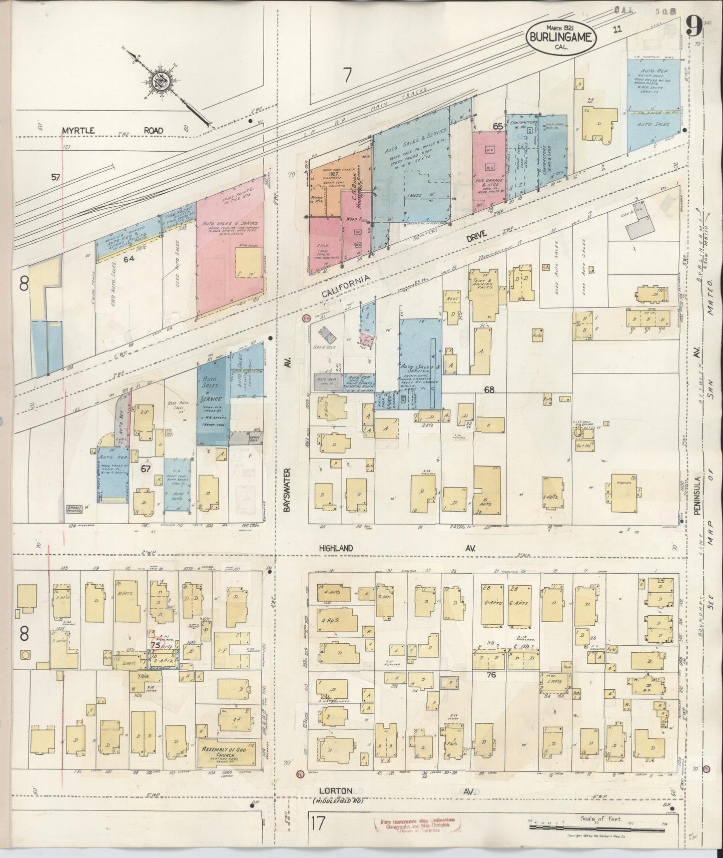 Sanborn Fire Insurance Map from Burlingame, San Mateo County, California (1949), Sheet #0009 - Complete Map Set gallery image, historic Sanborn map, vintage wall art, California California