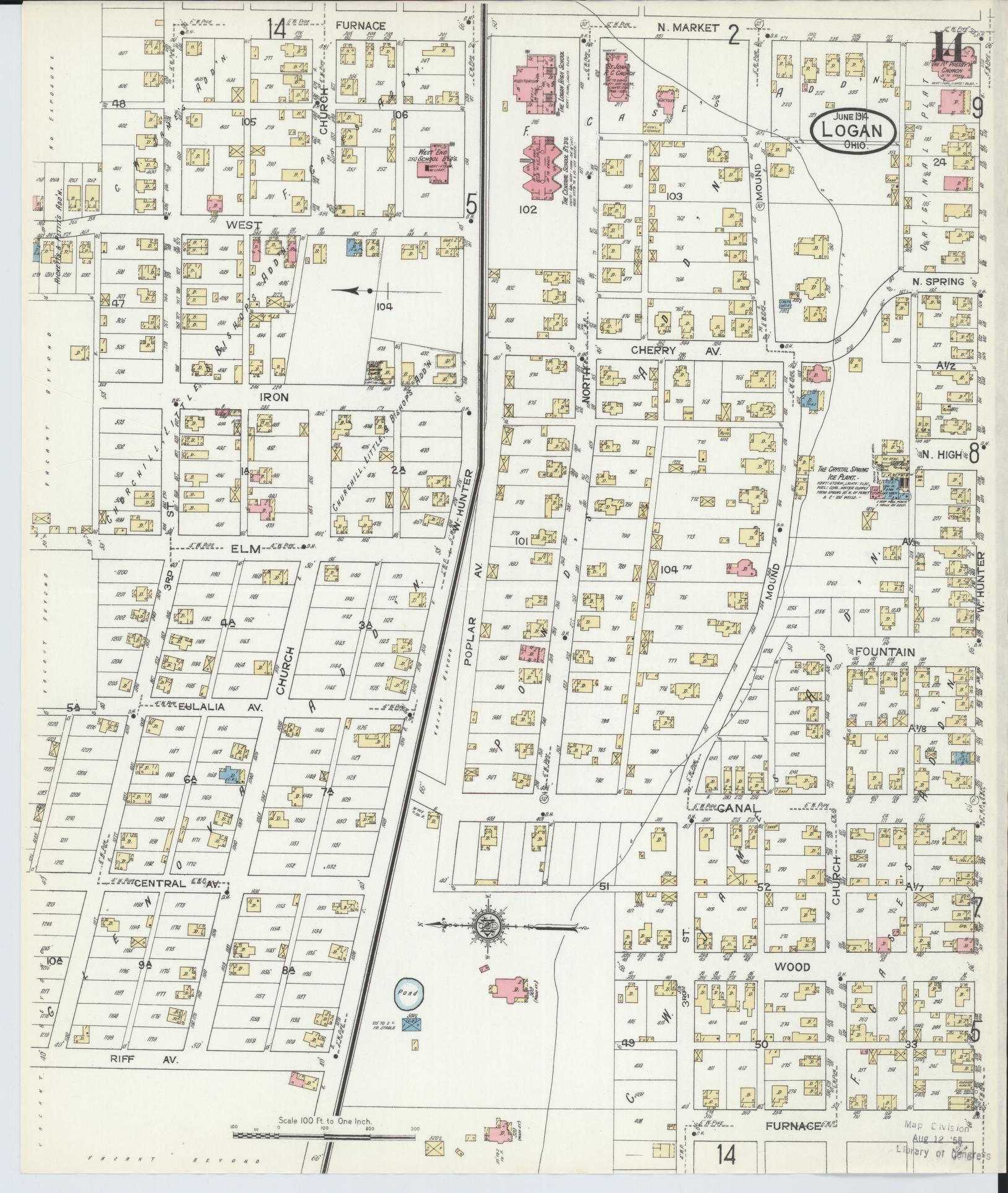 Sanborn Fire Insurance Map from Logan, Hocking County, Ohio (1914), Sheet #0014 - Historic Sanborn Fire Insurance Map Print, vintage old map wall art, antique decor, genealogy gift, Ohio Ohio map