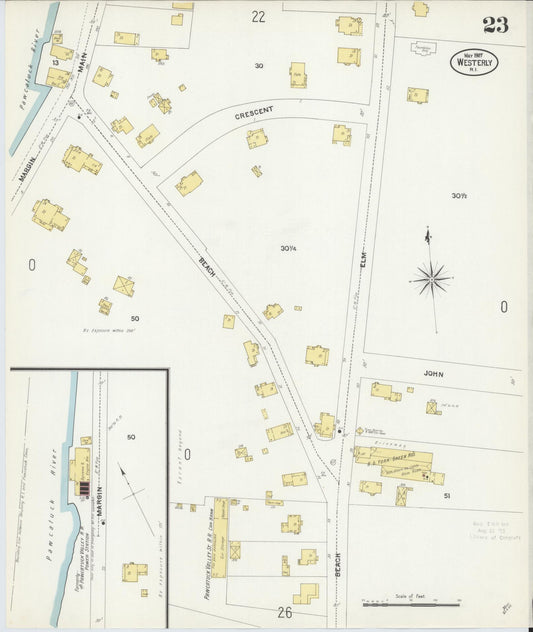 Sanborn Fire Insurance Map from Westerly, Washington County, Rhode Island (1907), Sheet #0023 - Historic Sanborn Fire Insurance Map Print, vintage old map wall art, antique decor, genealogy gift, Rhode Island Rhode Island map