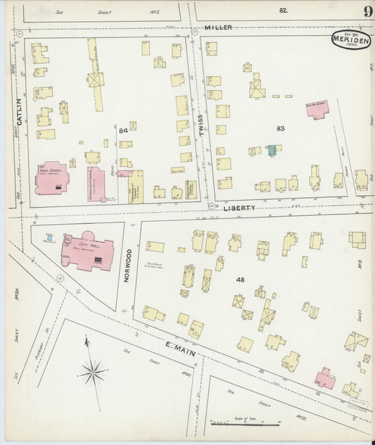 Sanborn Fire Insurance Map from Meriden, New Haven County, Connecticut (1891), Sheet #0009 - Historic Sanborn Fire Insurance Map Print, vintage old map wall art, antique decor, genealogy gift, Connecticut Connecticut map