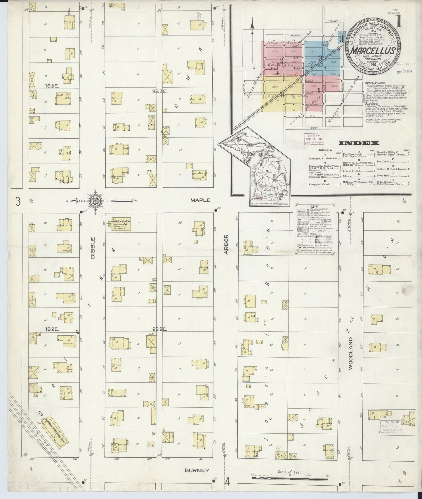 Sanborn Fire Insurance Map from Marcellus, Cass County, Michigan (1914), Sheet #0001 - Complete Map Set gallery image, historic Sanborn map, vintage wall art, Michigan Michigan