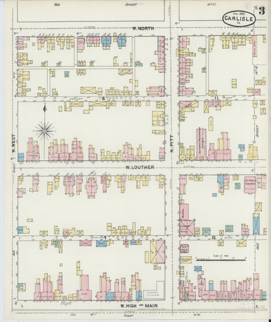 Sanborn Fire Insurance Map from Carlisle, Cumberland County, Pennsylvania (1890), Sheet #0003 - Historic Sanborn Fire Insurance Map Print, vintage old map wall art, antique decor, genealogy gift, Pennsylvania Pennsylvania map
